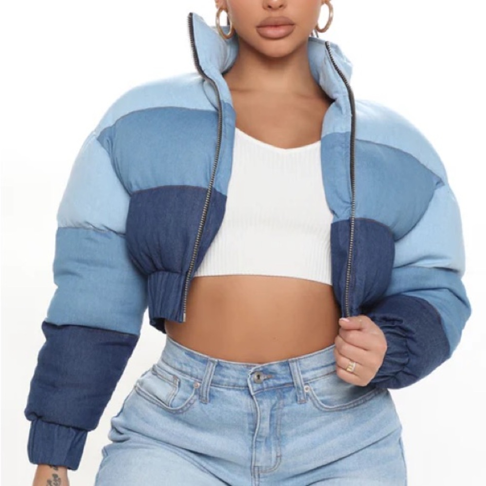 Women's Blue Denim Colorblock Puffer Jacket